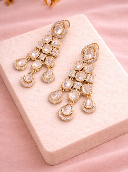 Polki Cluster Drop Earrings in Gold Finish