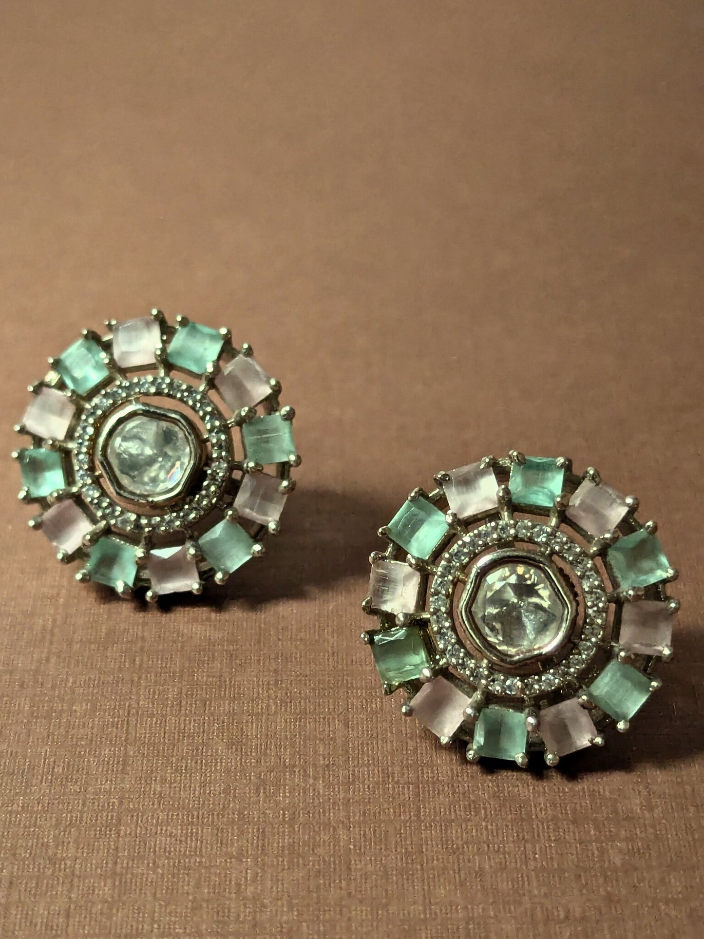 Mint Green & Blush Pink Polki Floral Stud Earrings in Silver Finish