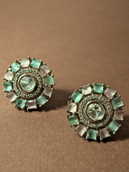 Mint Green & Blush Pink Polki Floral Stud Earrings in Silver Finish