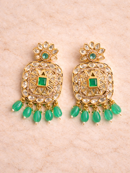 Polki Floral Earrings with Mint Green Drops