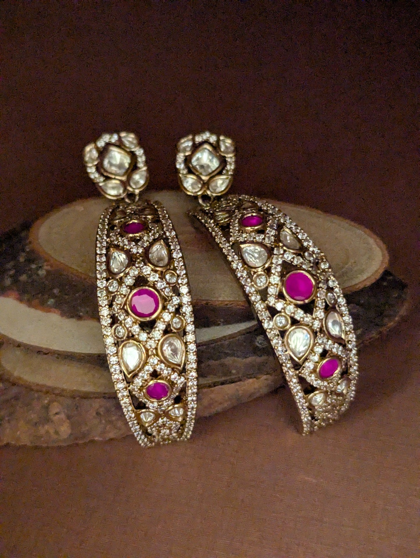 Polki Long Drop Earrings with Ruby Toned Stone