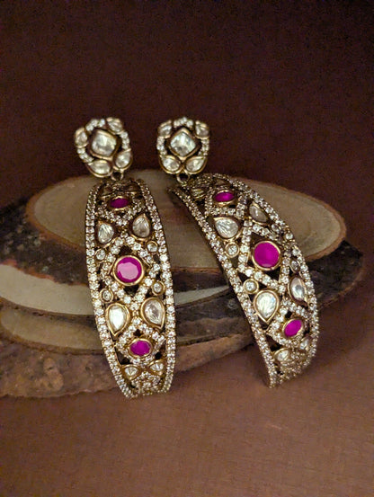 Polki Long Drop Earrings with Ruby Toned Stone