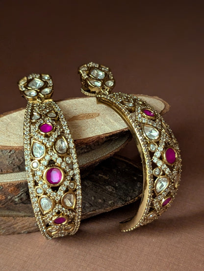 Polki Long Drop Earrings with Ruby Toned Stone