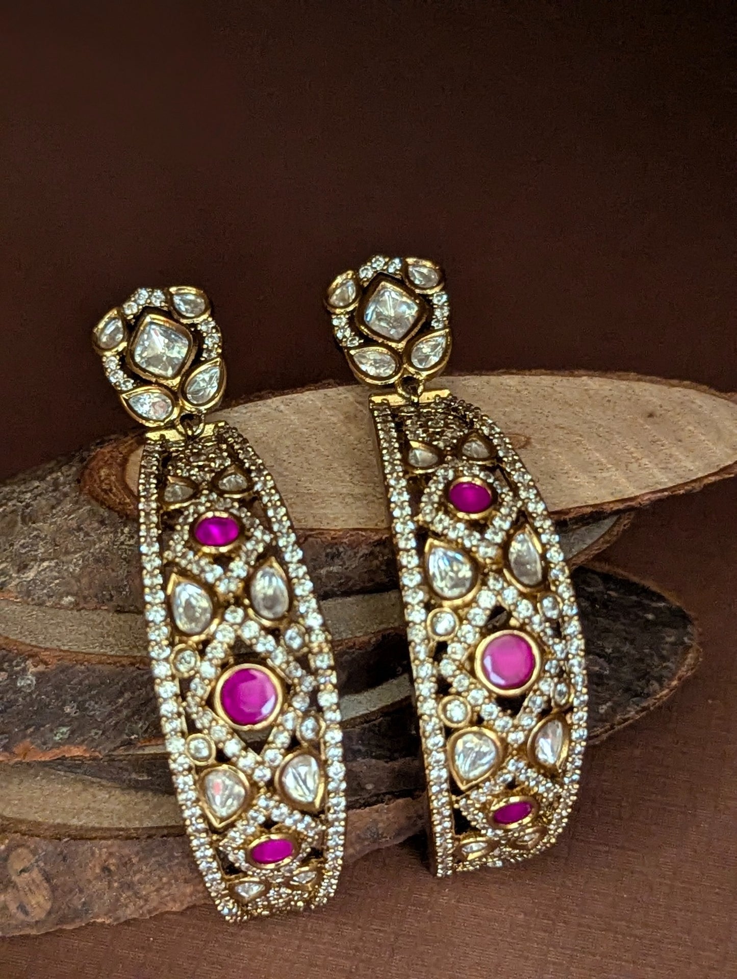 Polki Long Drop Earrings with Ruby Toned Stone