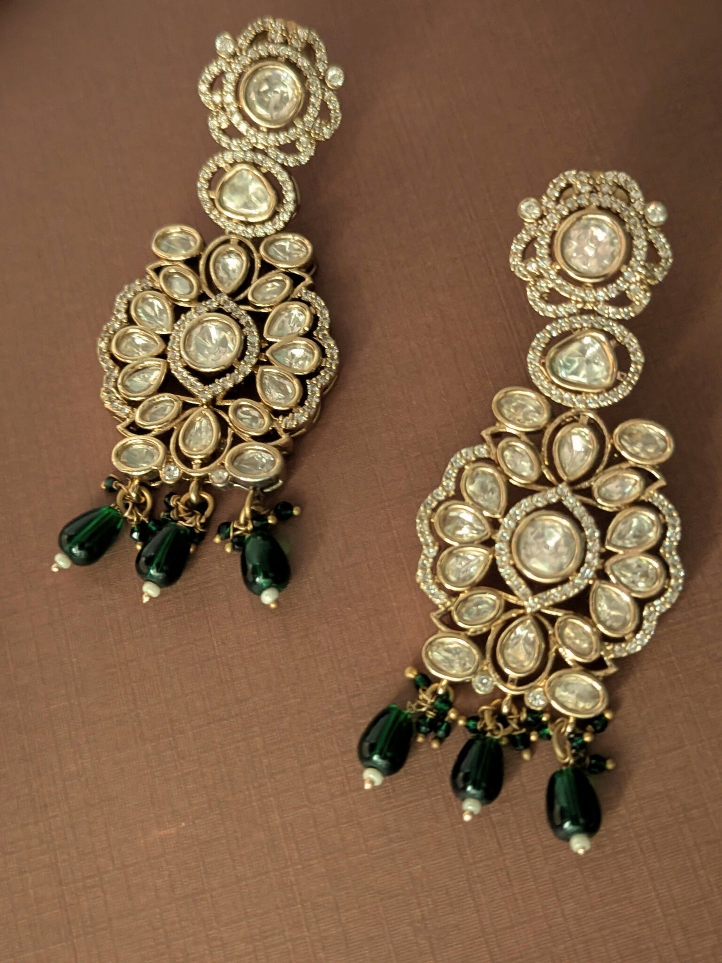 Polki Chandbali Earrings with Green Drops