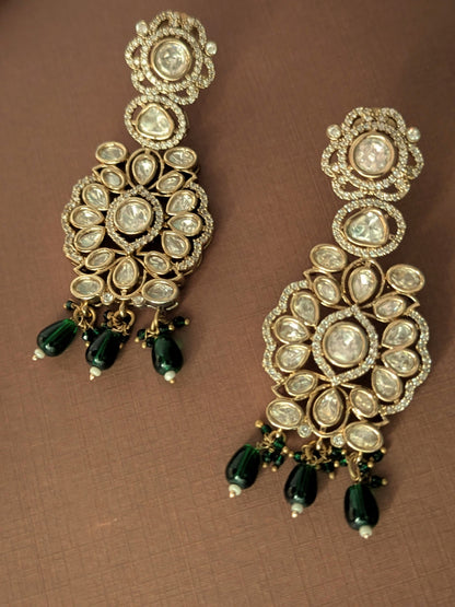 Polki Chandbali Earrings with Green Drops