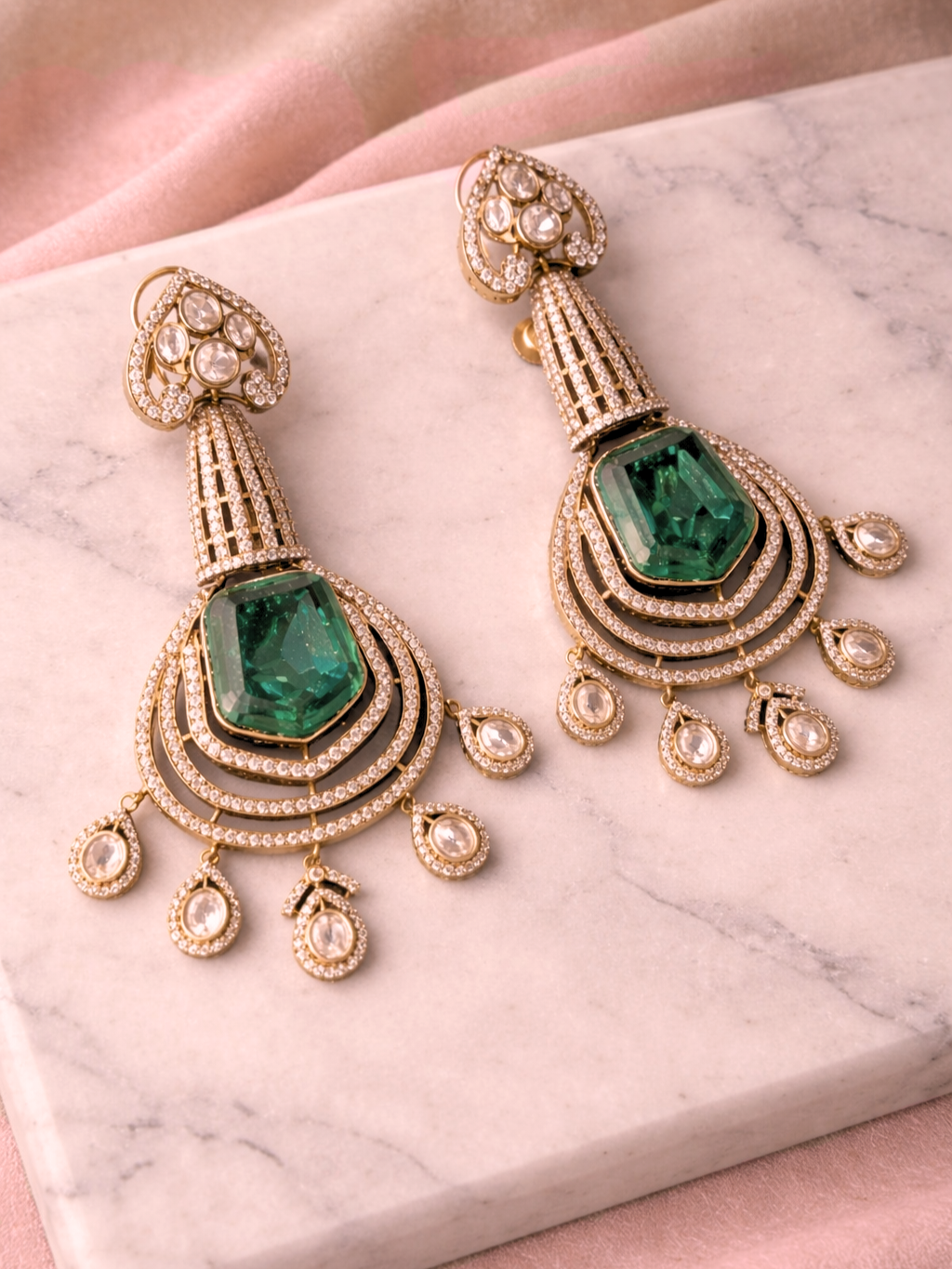 Mint Green Polki Chandelier Earrings with Diamond Drops