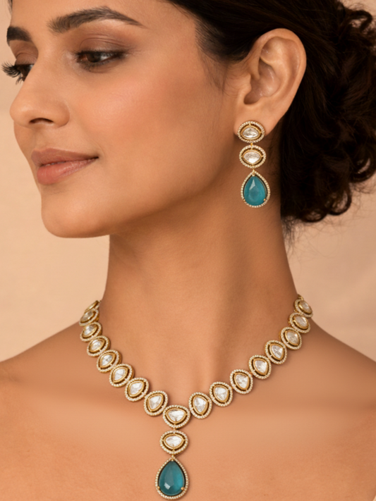 Aqua Polki Single Line Necklace Set