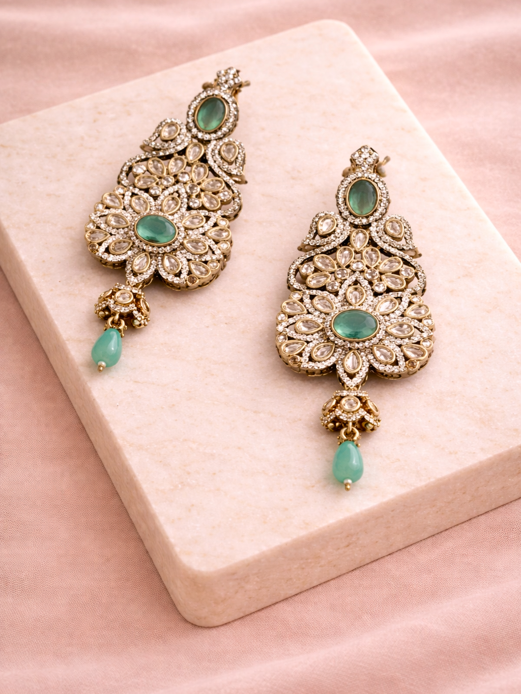Aqua Blue Polki Statement Drop Earrings