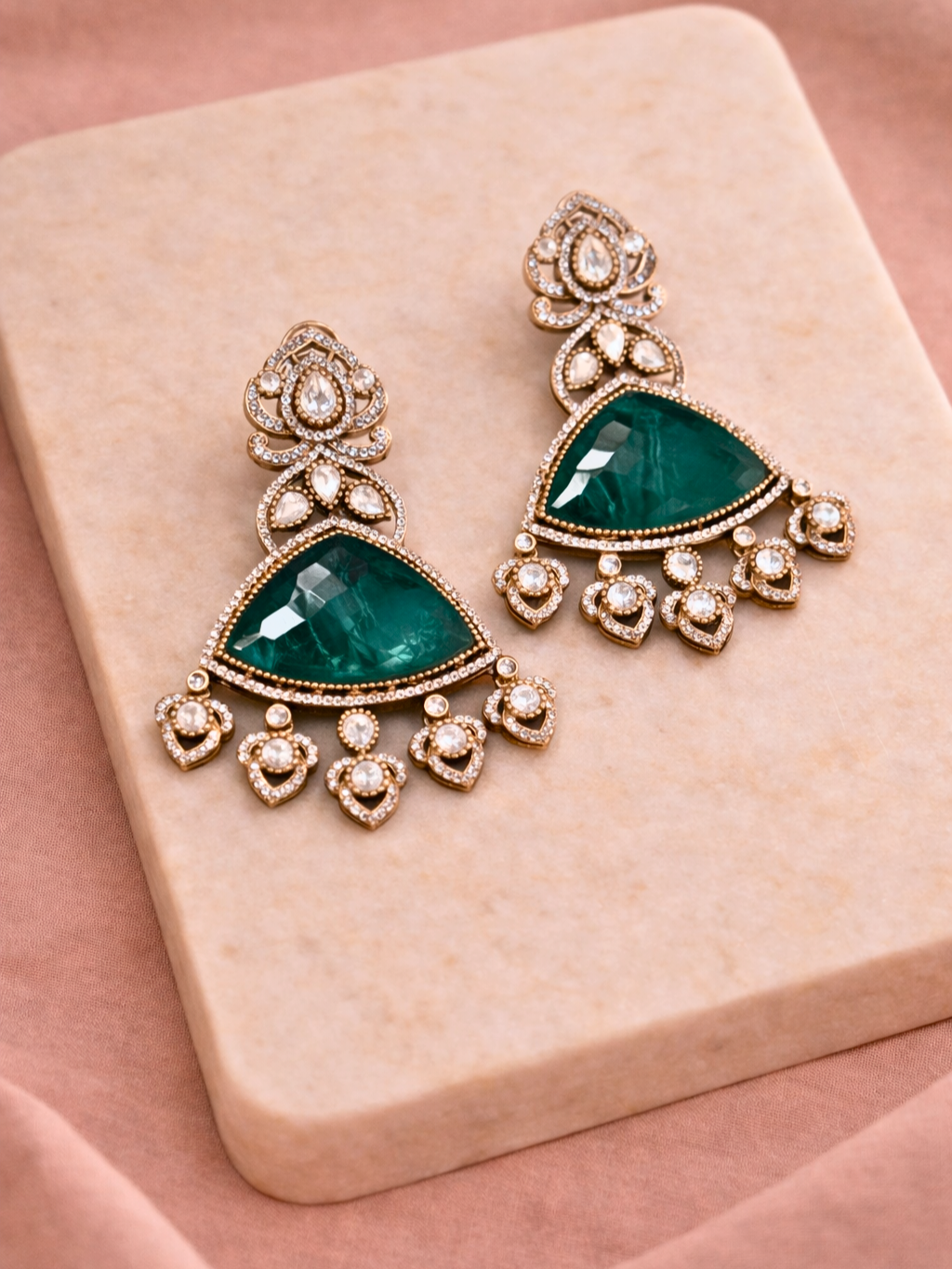 Emerald Polki Triangle Drop Earrings in Gold Finish