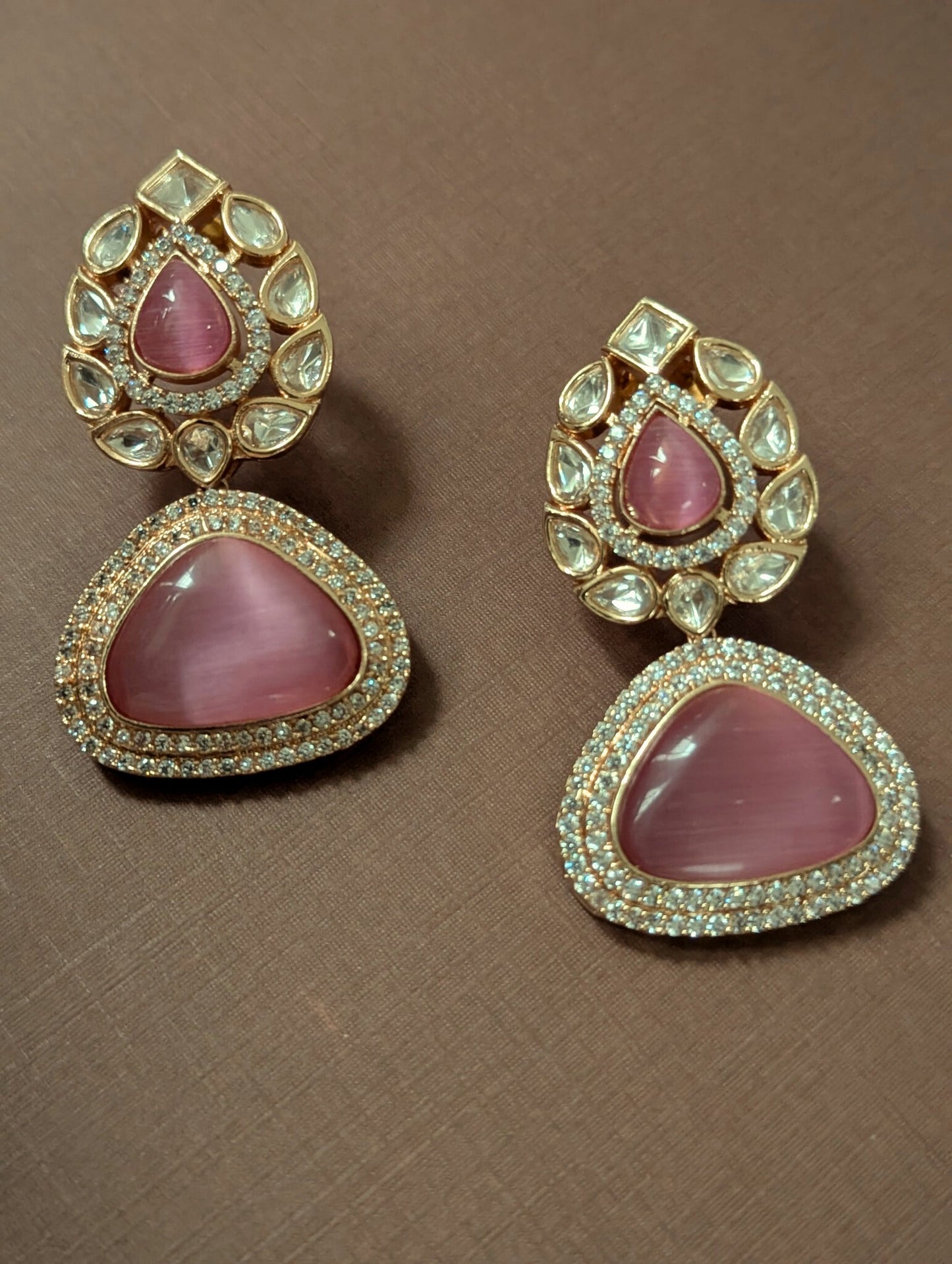 Polki Drop Earrings with Pink Stones
