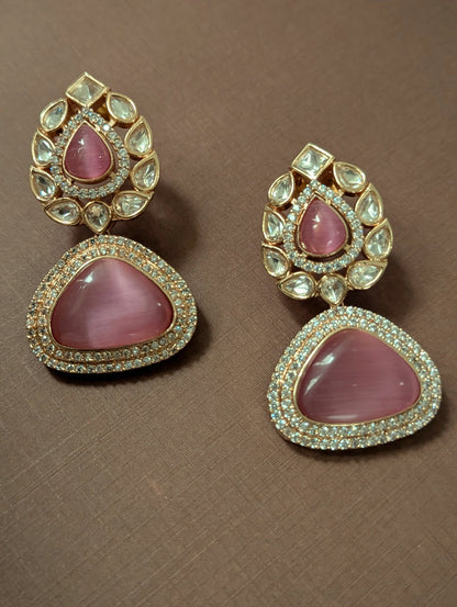 Polki Drop Earrings with Pink Stones