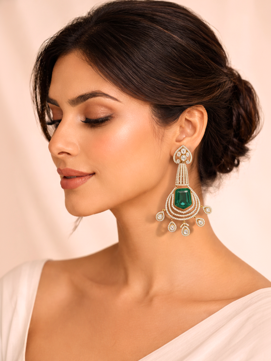 Mint Green Polki Chandelier Earrings with Diamond Drops