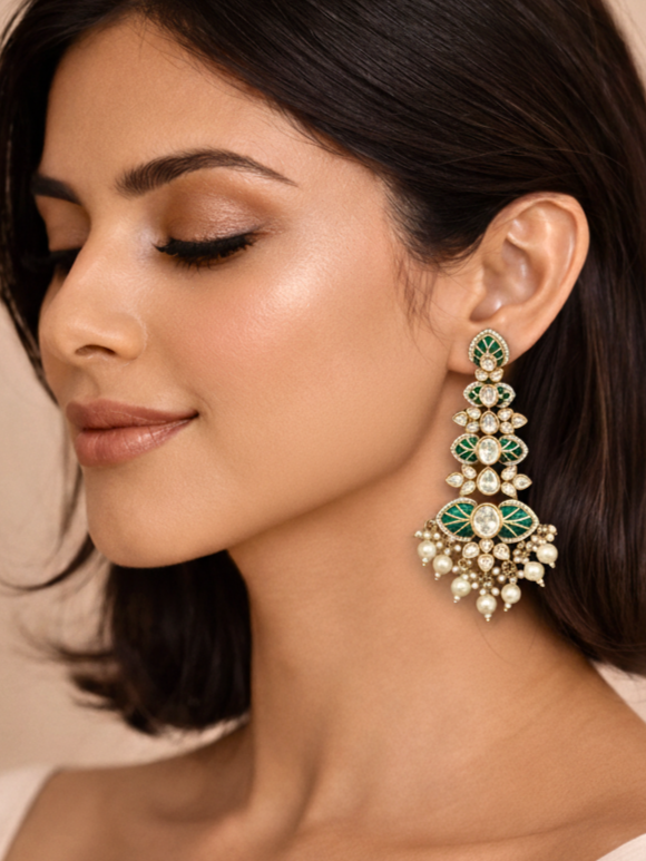 Emerald Polki Chandelier Statement Earrings with Pearl Drops