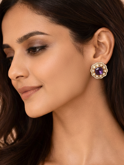 Polki Stud Earrings with Purple Stone