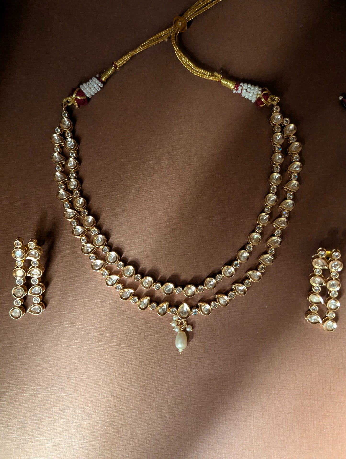 Double Line Polki Necklace Set with Drop Earrings
