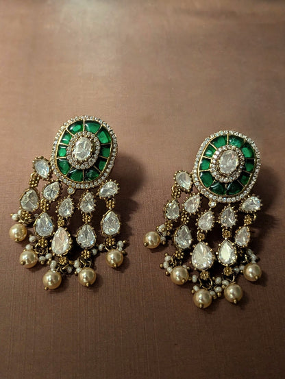 Green Moissanite Polki Chandbali Earrings