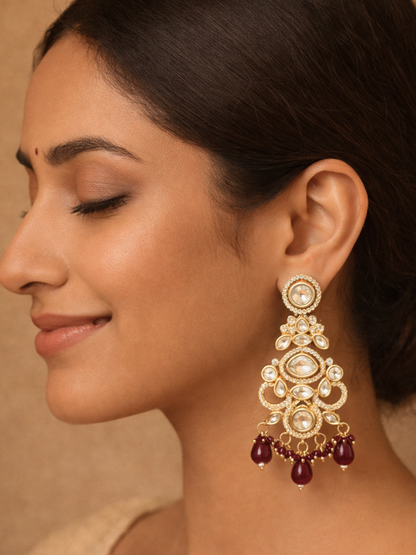 Polki Dangler Earrings with Red Drops