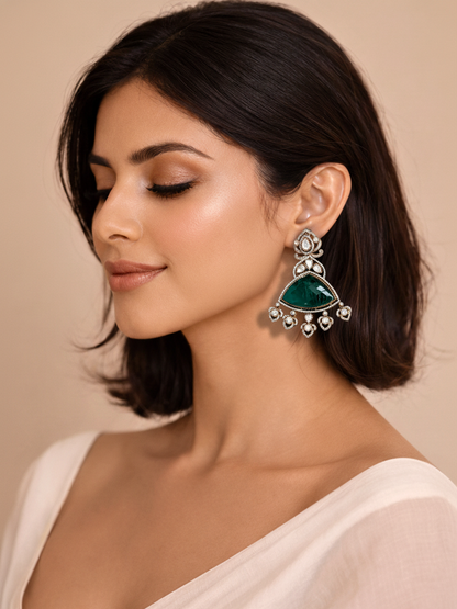 Emerald Polki Triangle Drop Earrings in Gold Finish