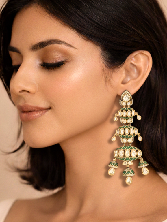 Mint Green Polki Layered Statement Earrings