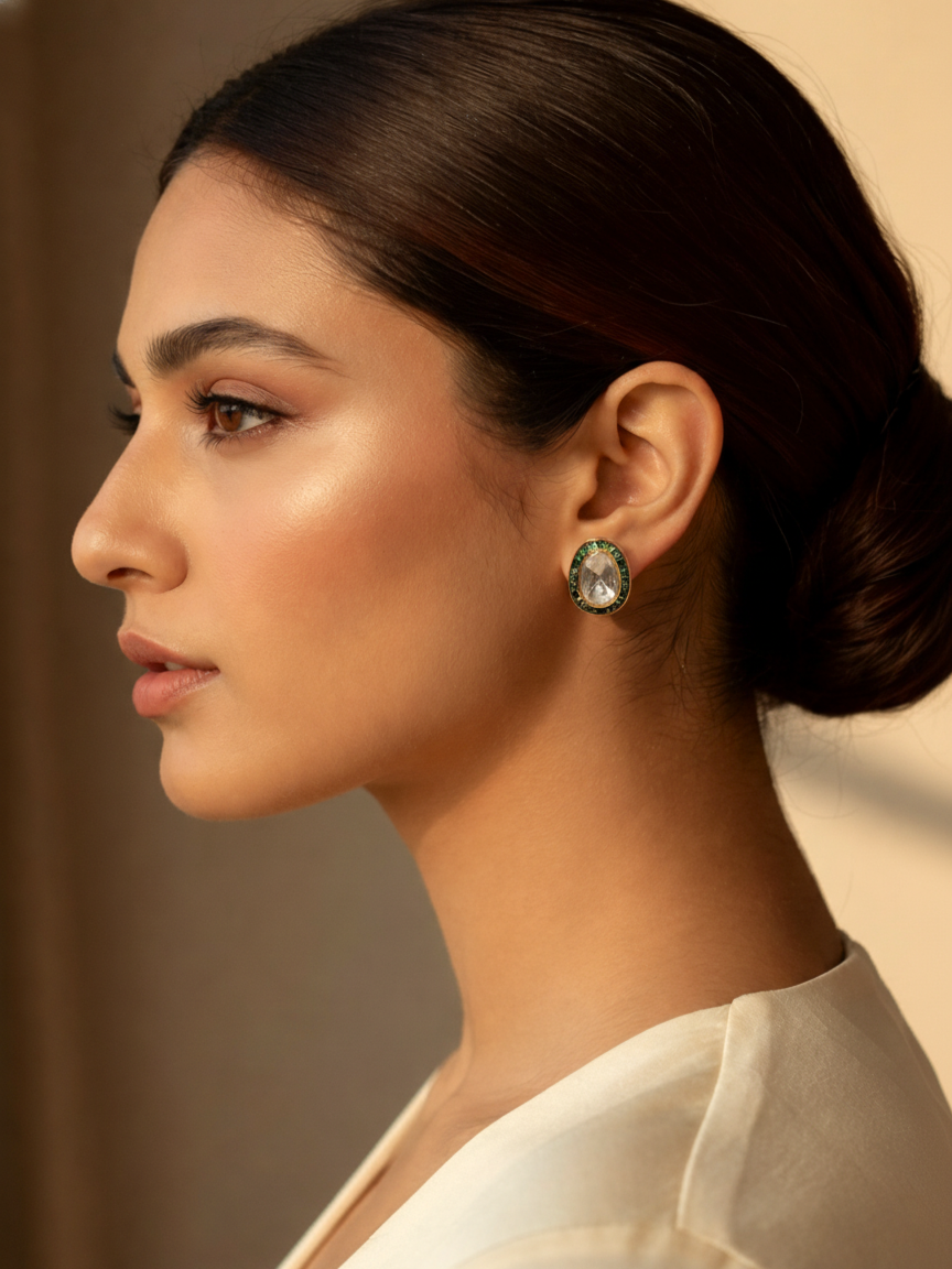 Emerald Green Polki Oval Stud Earrings