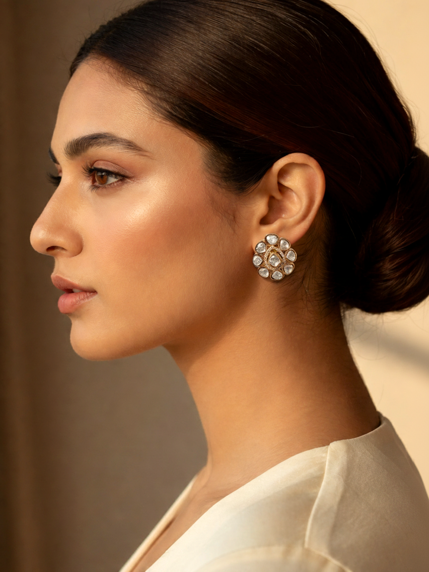 Polki Cluster Stud Earrings in Gold Finish