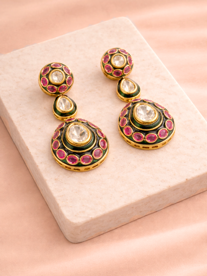 Meenakari Polki Drop Earrings with Ruby Accents