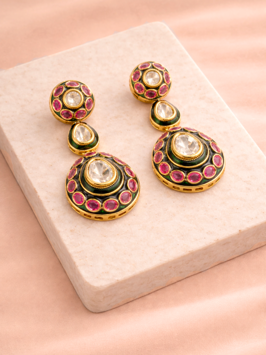 Meenakari Polki Drop Earrings with Ruby Accents