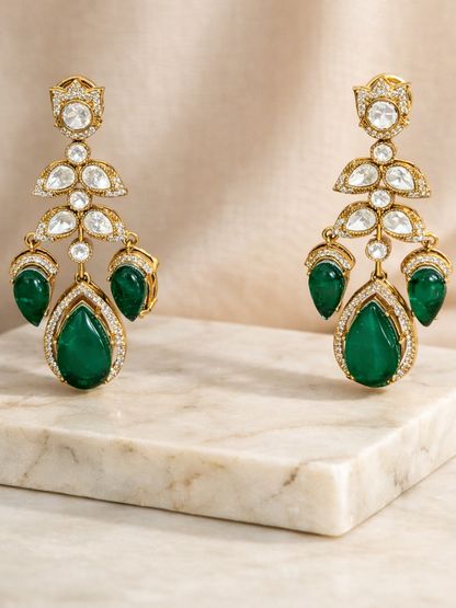 Emerald Teardrop Statement Earrings with Polki Accents