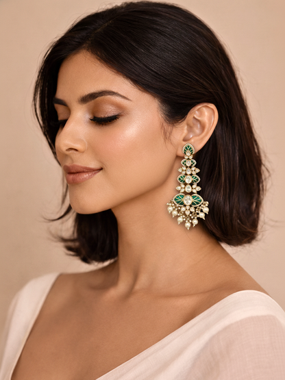 Emerald Polki Chandelier Statement Earrings with Pearl Drops