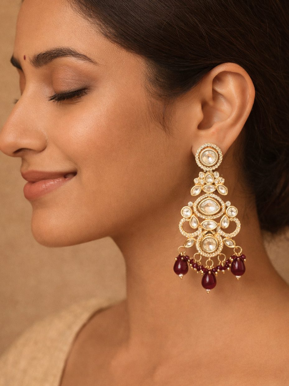Polki Dangler Earrings with Red Drops
