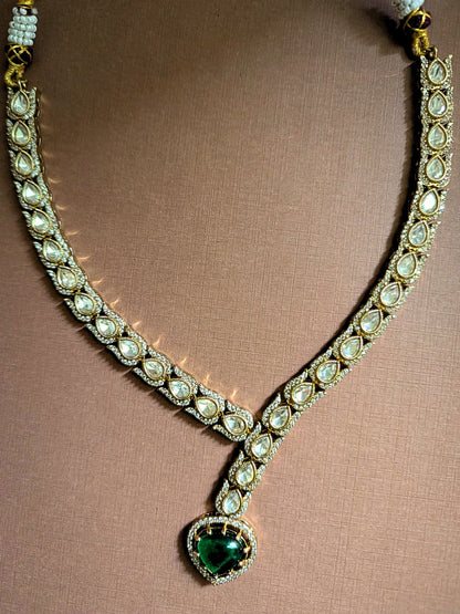 Snake Style Polki Necklace Set with Green Stone