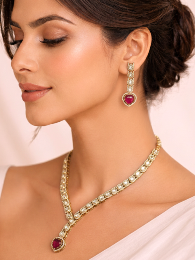 Snake Style Polki Necklace Set with Ruby Stone