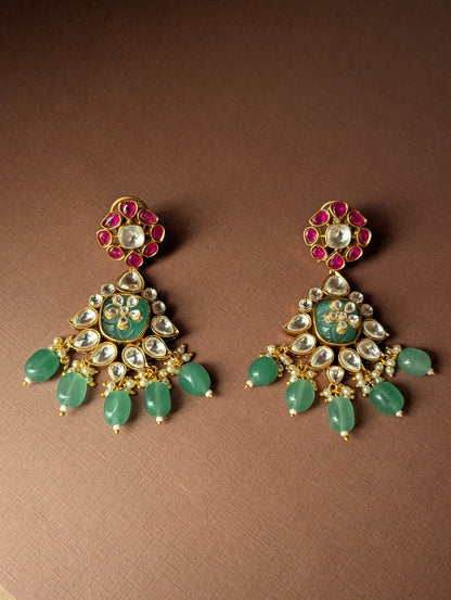Green Beads Polki Earrings with Ruby Stones