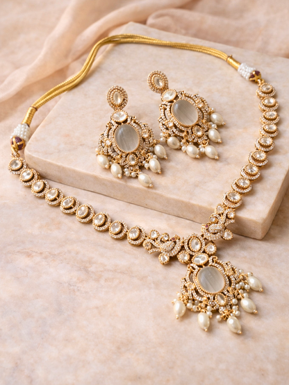 Peacock Design Grey Polki Necklace Set with Pearl Drops