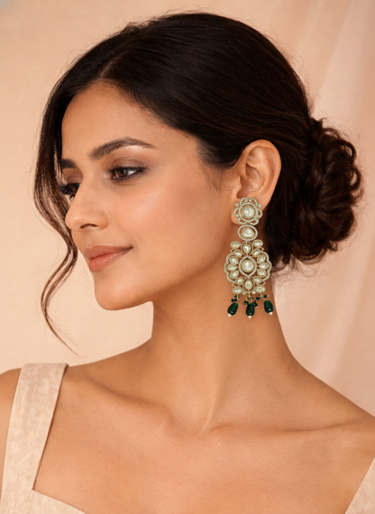 Polki Chandbali Earrings with Green Drops
