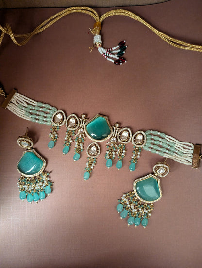 Mint Green Polki Choker Necklace Set with Beaded Drops