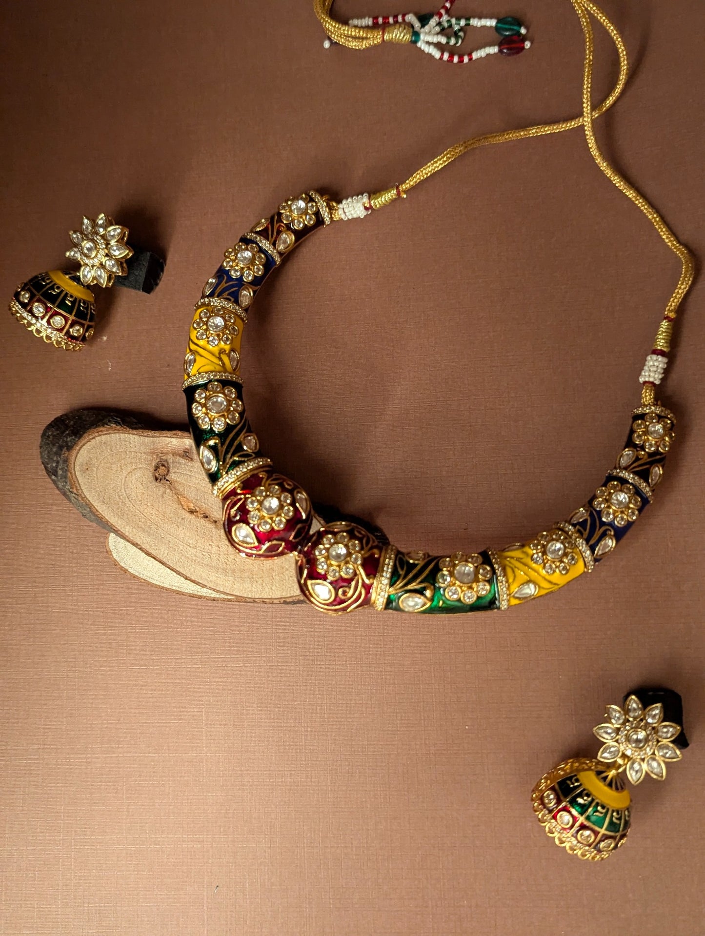 Multicolor Polki Meenakari Hasli with Jhumka Earrings