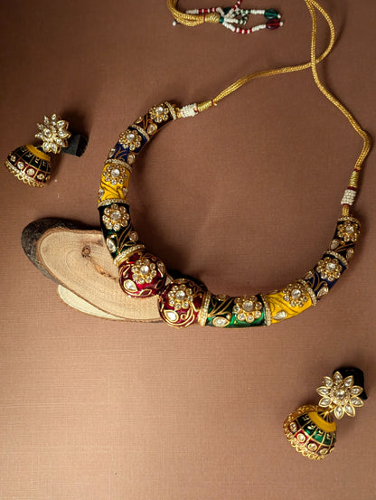 Multicolor Polki Meenakari Hasli with Jhumka Earrings
