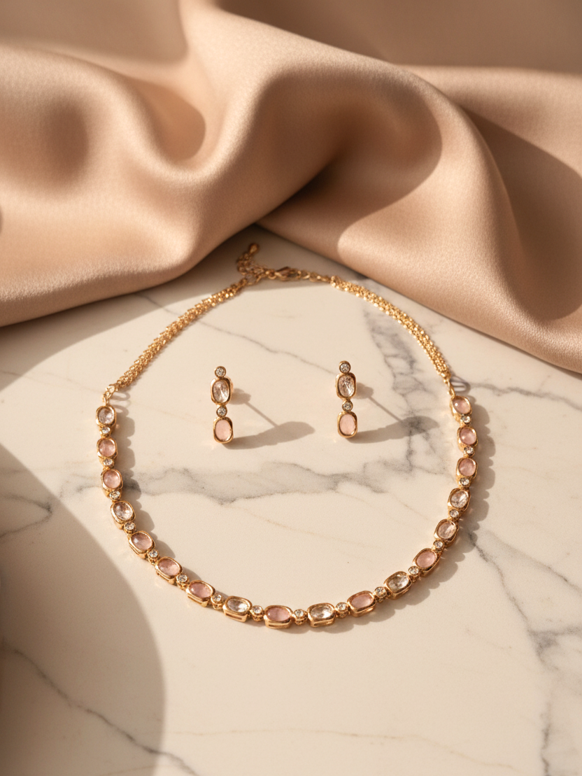 Blush Pink Moissanite Polki Necklace Set with Earrings