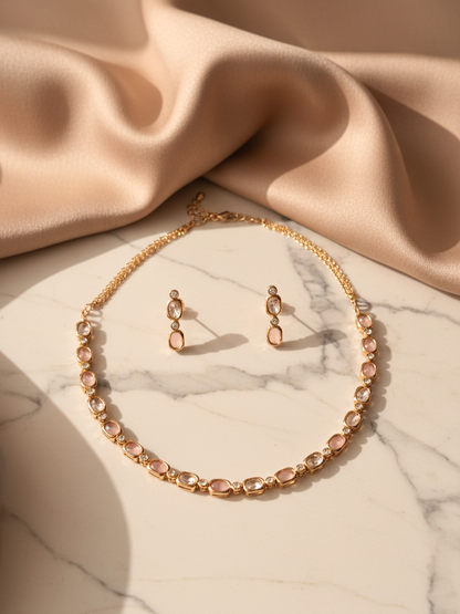 Blush Pink Moissanite Polki Necklace Set with Earrings