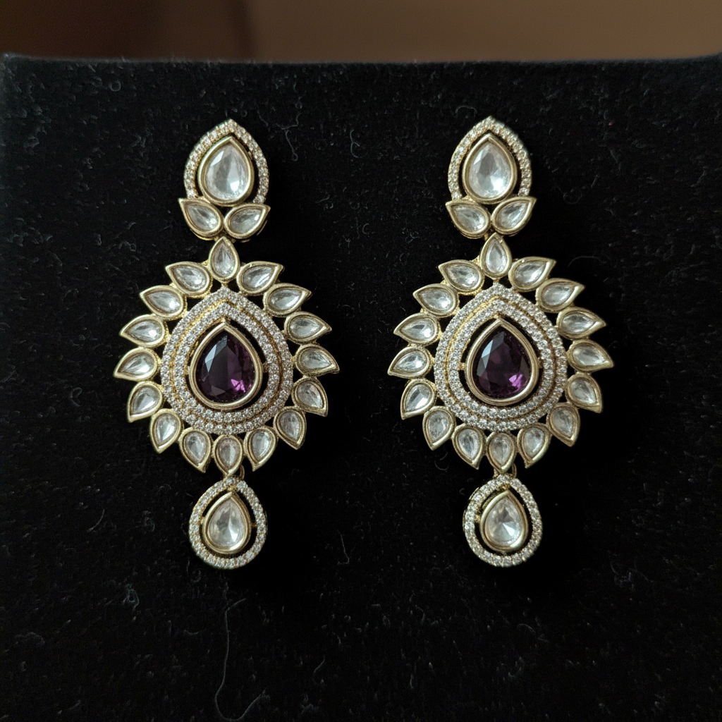 Polki Teardrop Earrings with Purple Stone