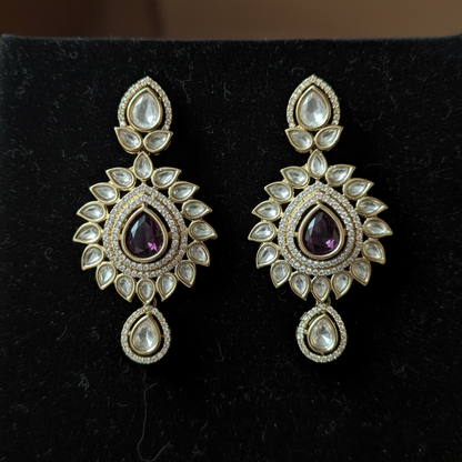 Polki Teardrop Earrings with Purple Stone