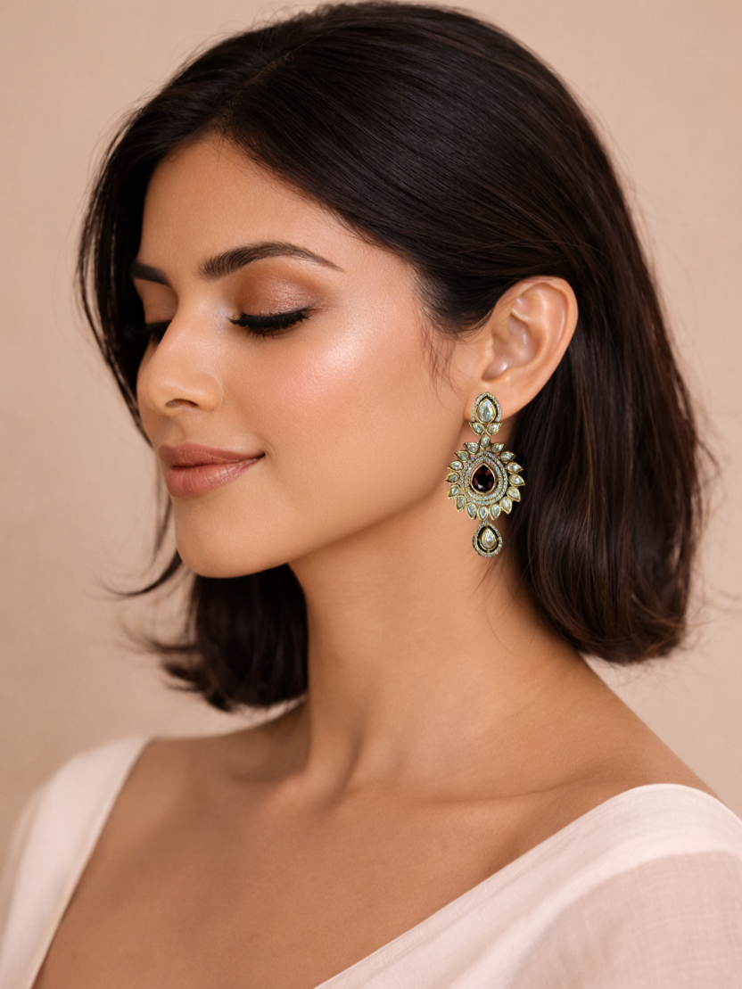 Polki Teardrop Earrings with Red Stone