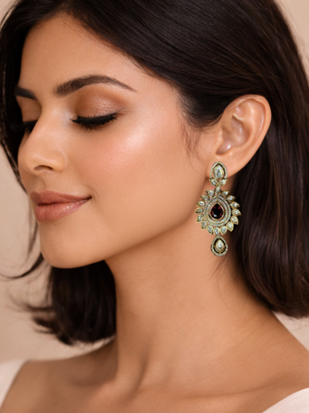 Polki Teardrop Earrings with Red Stone