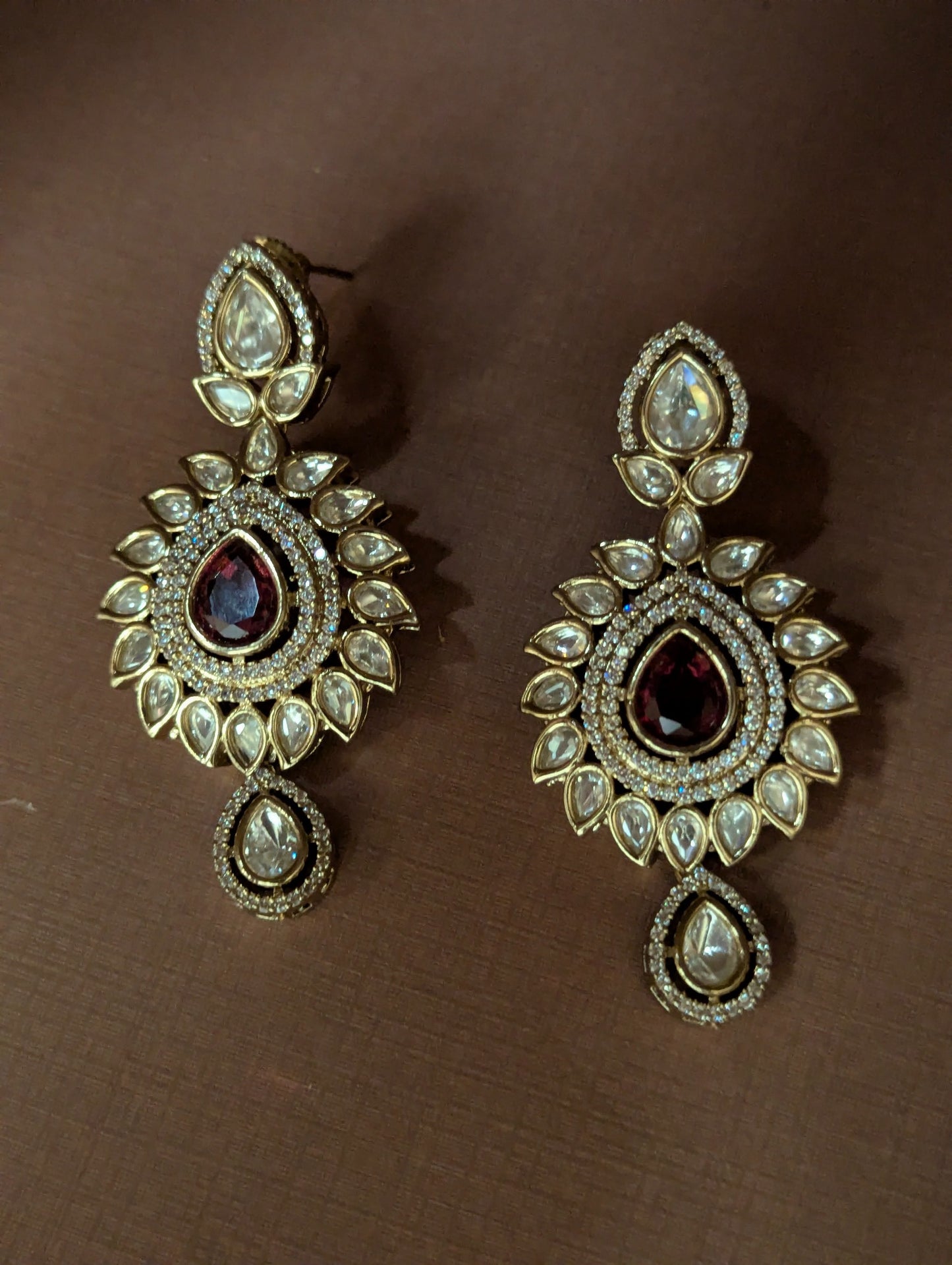 Polki Teardrop Earrings with Red Stone