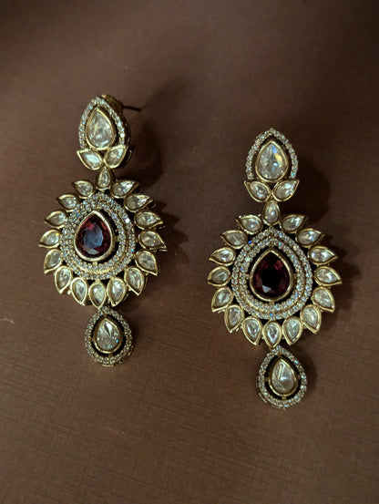 Polki Teardrop Earrings with Red Stone