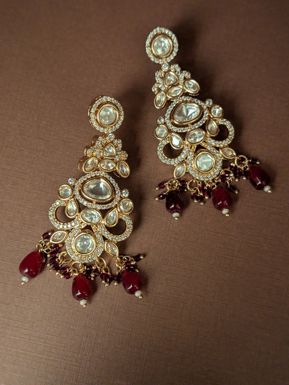 Polki Dangler Earrings with Red Drops
