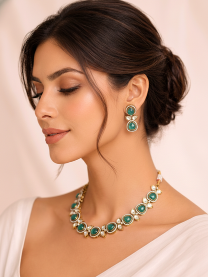 Emerald Green Polki Necklace Set with Matching Earrings