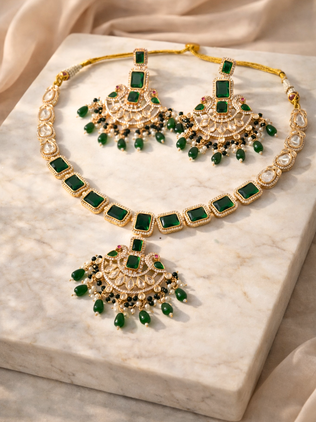 Emerald Green Polki Necklace Set with Statement Earrings